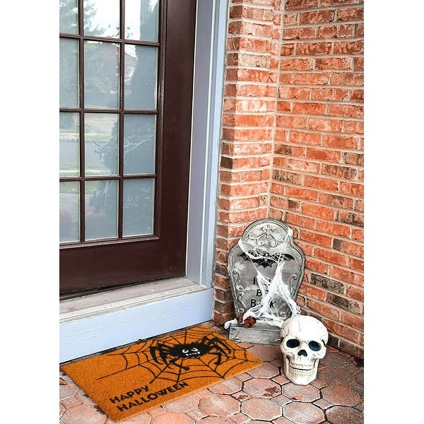 halloween decoration ideas spiderweb doormat little grave and a skull