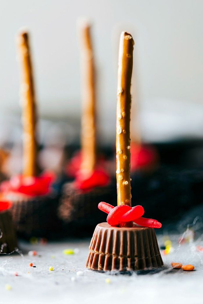 Fun Halloween treats for trick and treat witch brooms with salty sticks