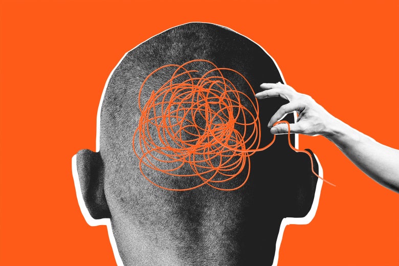 mental health head with spiral orange thread on an orange background and a hand pulling 