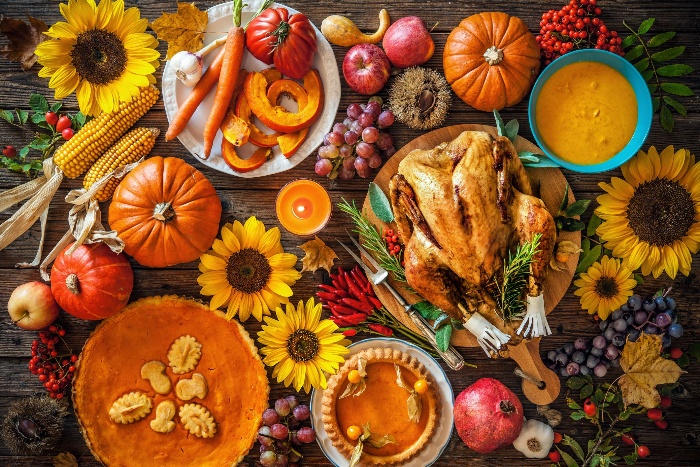 colorful thanksgiving recipes turkey vegetables fruits flowers in a beautiful arrangement