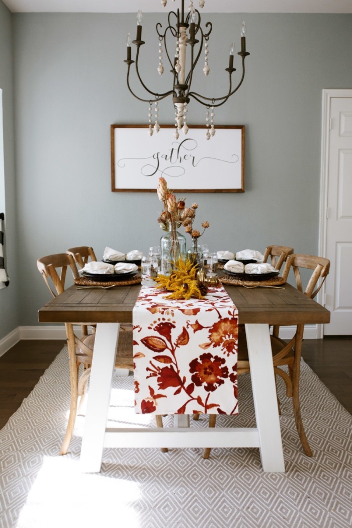 Simple and elegant thanksgiving table decor with a colorful table runner