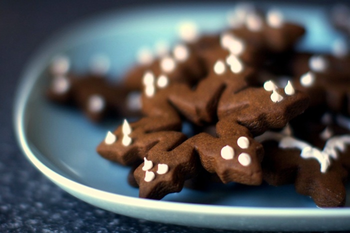 chocolate christmas cookies in a plate decorated with white frosting