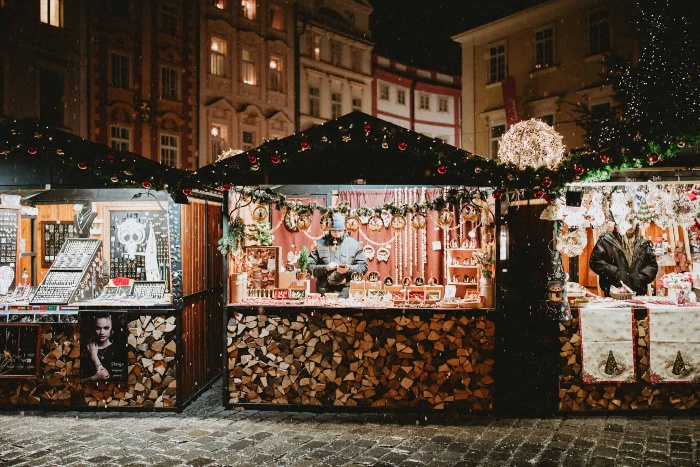 christmas market with decorated pavillions outdoor square 