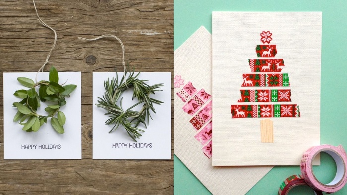 handmade cards for christmas close up with green herbs and christmas trees