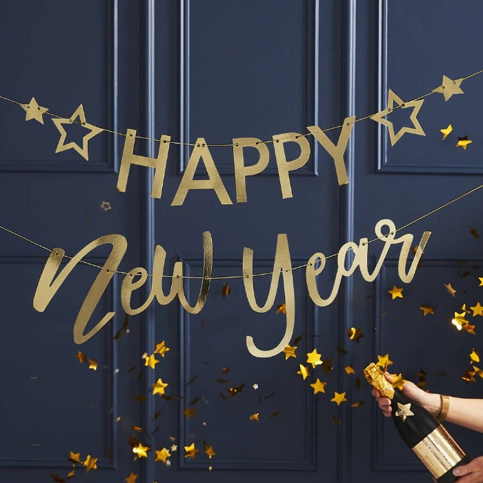 happy new year banner home decor on a dark blue background