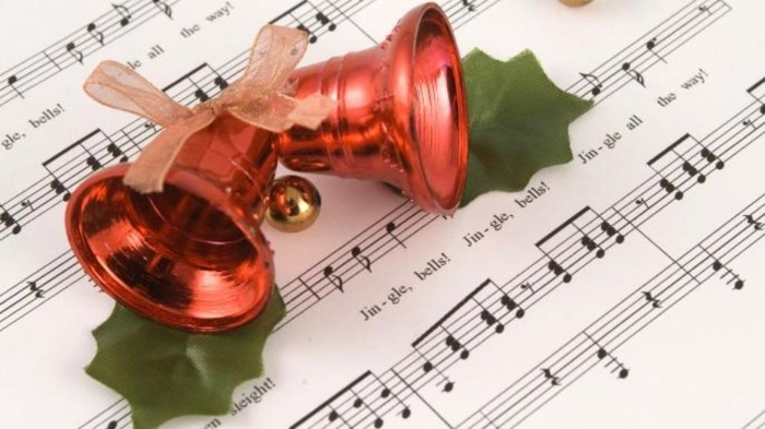 jingle bells red christmas bells on musical notes