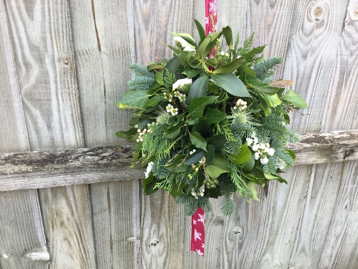 small misletoe wreath hanging on a wooden door with a red ribbon