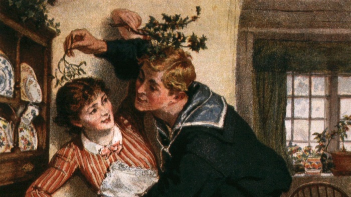 mistletoe stories paintining of a couple kissing under the mistletoe