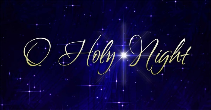 o holy night golden letters on a dark blue sky background