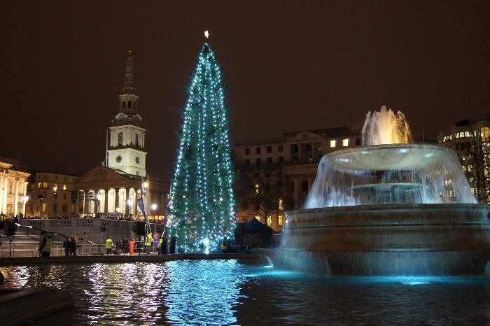 traffalgar square christmas tree and fountain in the evening