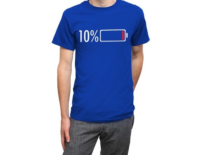 geeky gifts person wearing a blue t-shirt with a battery