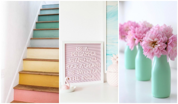 interior decor in pastel colors three pictures with different color palettes