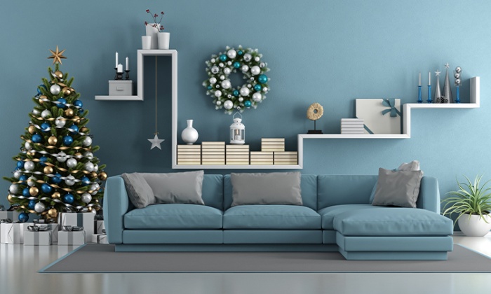 blue living room interior with christmas decor