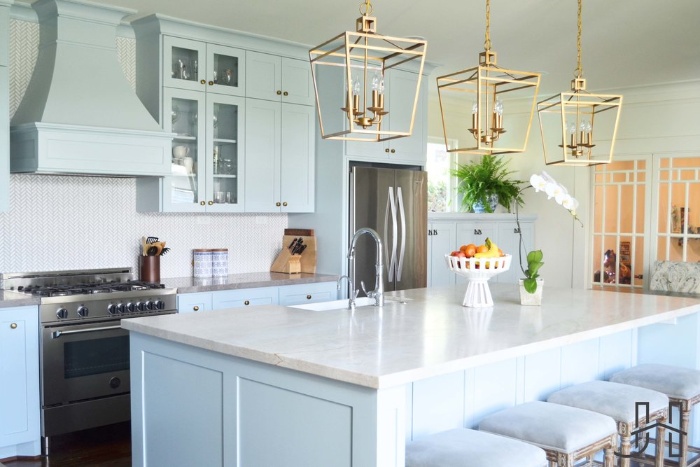 intuitive design kitchen pale blue with golden light bodies classic design