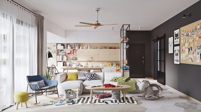 intuitive decor living room interior with modern dark wall and a window colorful furniture