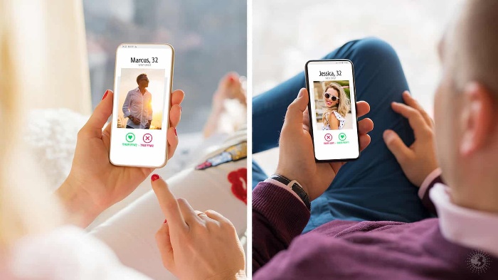 online dating a man and a woman holding a phone with profile pictures