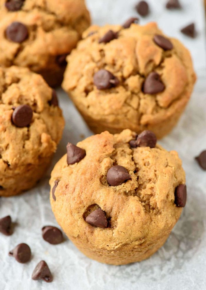 peanut butter muffins with chocolate chip on top