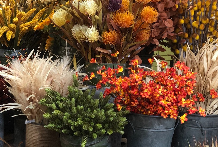 seasonal decor dry colorful flowers and grass in buckets