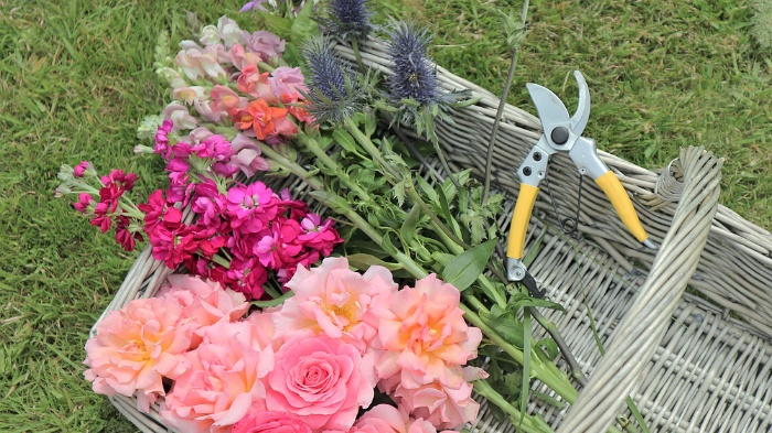 seasonal flowers in a basket on a green lawn 