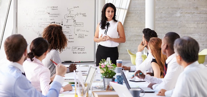 women in business woman in white shirt and black skirt presenting in front of business people