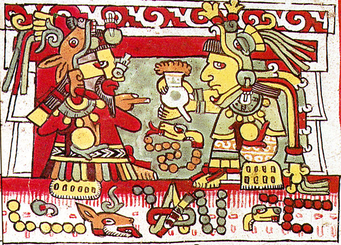 Colorful aztec painting aztecs drinking chocolate aphrodisiac beverage