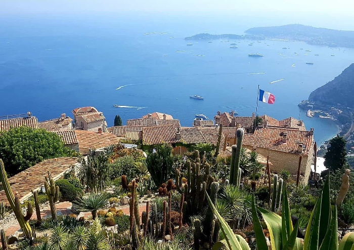 eze town in france small town sea view with boats and cacti