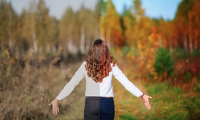 image editing photo of a woman outdoor being edited with different colors
