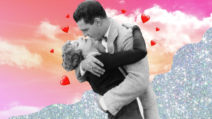 retro love collage couple cuddling on a pink sky background and glitter around