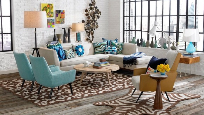 retro interiors vintage living room interior with large windows carpets and blue furniture pieces