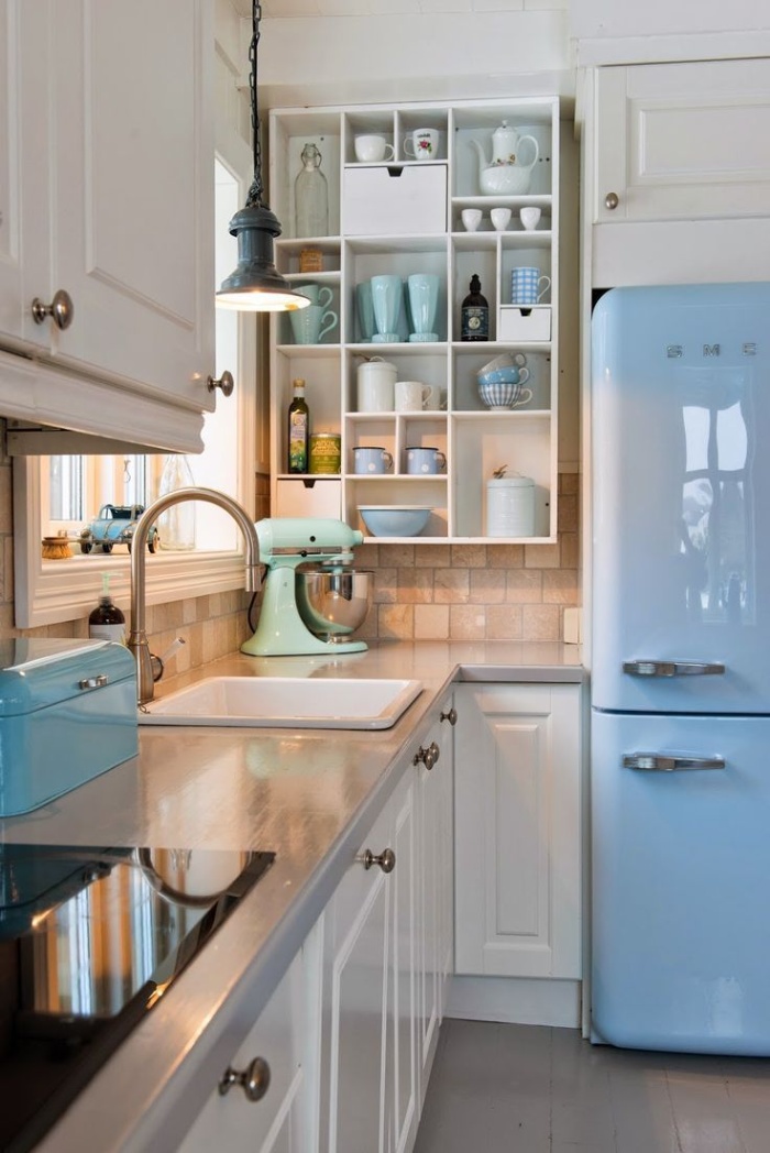 retro kitchen interior in blue and white vintage kitchen interior