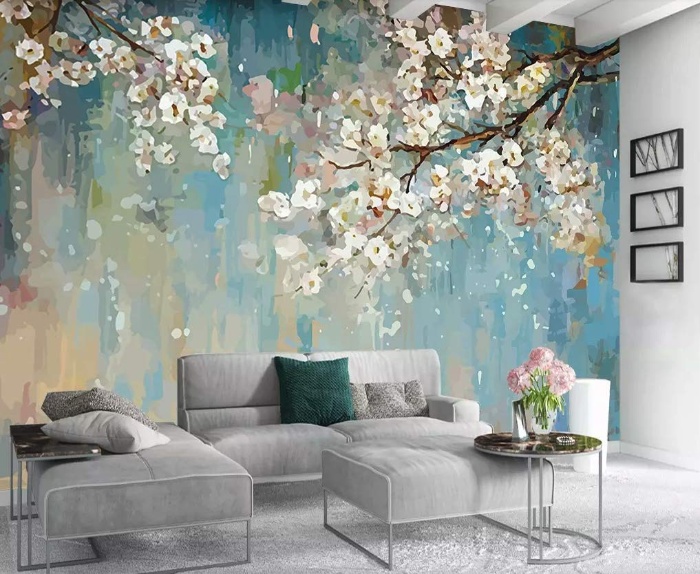 spring home decor with painted wall and grey sofas in the living rooms