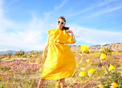 Woman in yellow dress standing surrounded by wildflowers