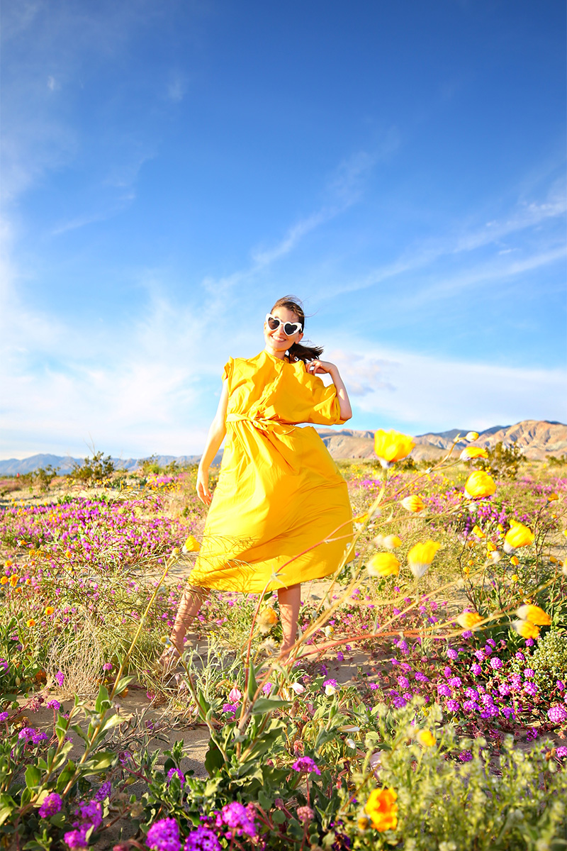 Woman in yellow dress standing surrounded by wildflowers