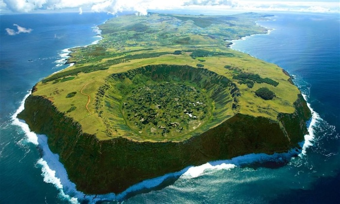 Easter island from above green island in the middle of the ocean 