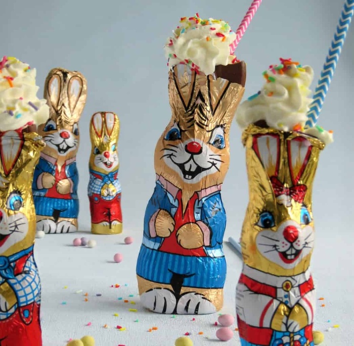 easter milkshakes with straws in hollow chocolate bunnies