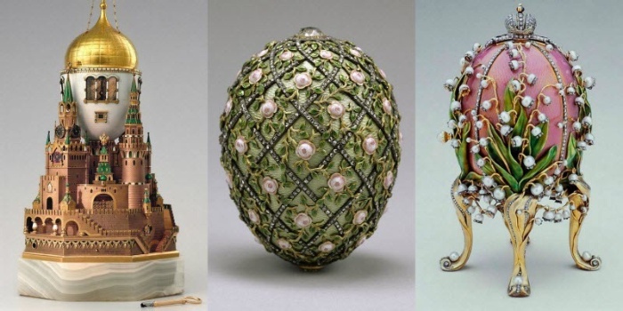 three precious faberge eggs decorated with pearls and precious stones