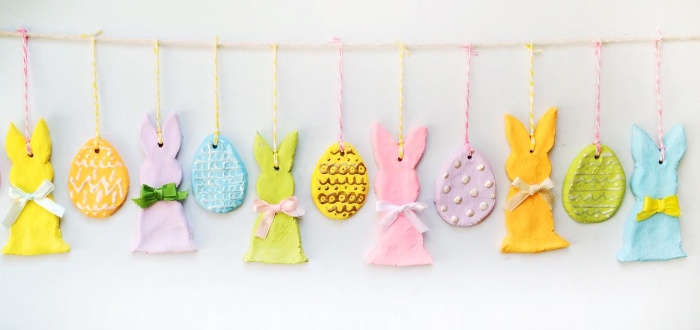 colorful easter salt ornaments on a pretty garland eggs and rabbits