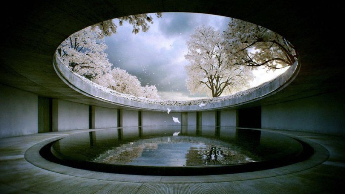 benesse house japan hotel with a water basin in the middle