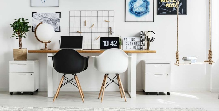 black and white home office interior design two chairs and a modern urban office