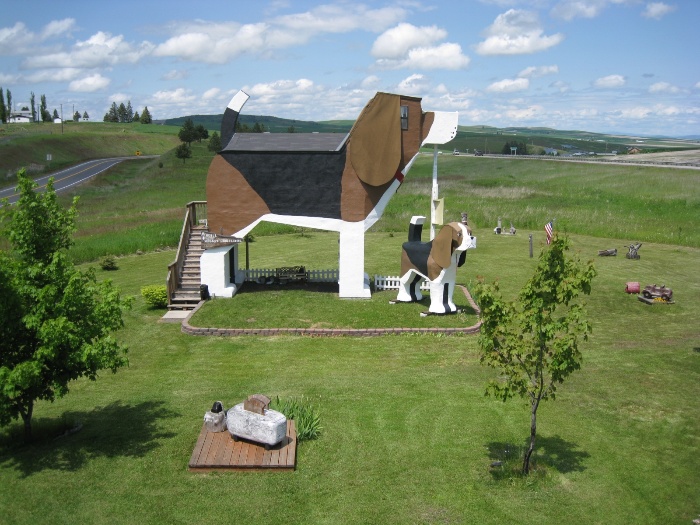 The dog bark inn hotel in the shape of two dogs in the middle of a field