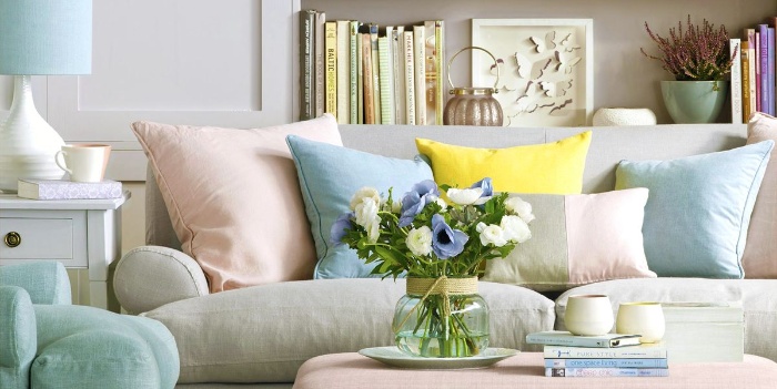 spring cool colors pastel interior light living room with pastel cushions