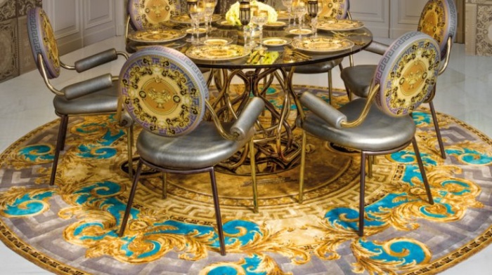 versace design dining room colorful rug and chairs