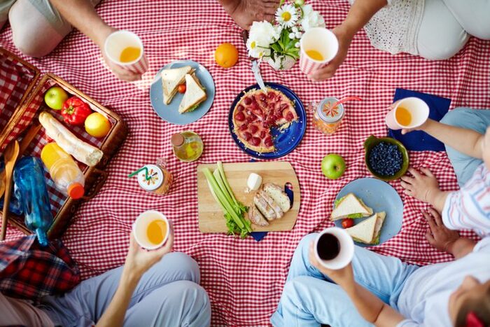 people sitting on a red blanket on a picnic with snacks and drinks in their hands