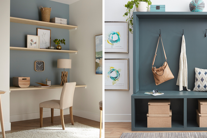 creating functional spaces in a hallway with shelves