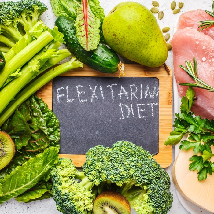 flexitarian diet sign surrounded by vegetables green fruits meat 