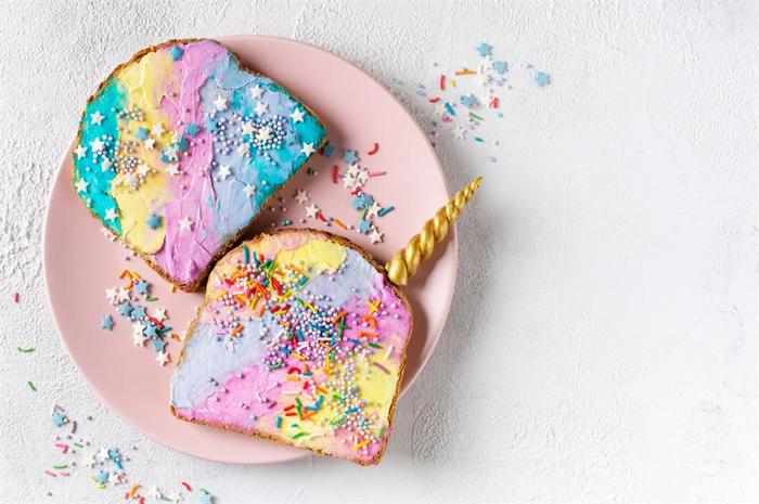 fun foods unicorn colorful toast in different colors with stars on a pink plate