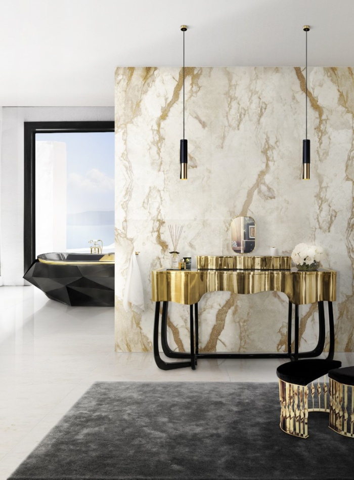 luxury home decor in black golden and a marble wall