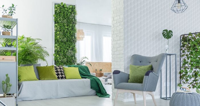 green design interior with plants and modern furniture