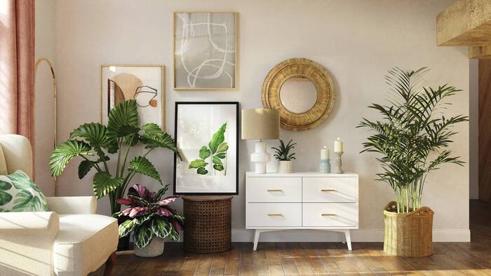 interior design living area with live plants and art 