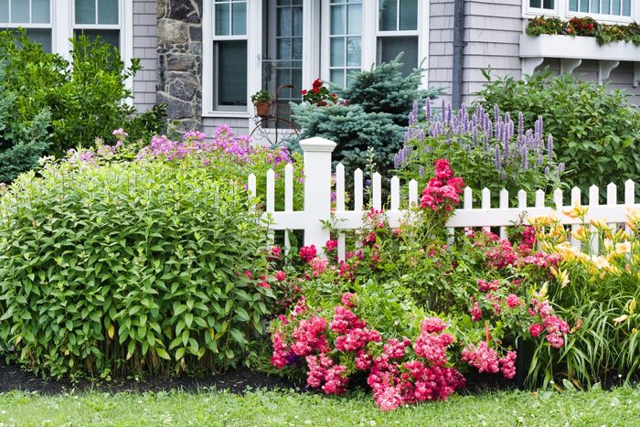 landscape design fence with bushes and flowers 